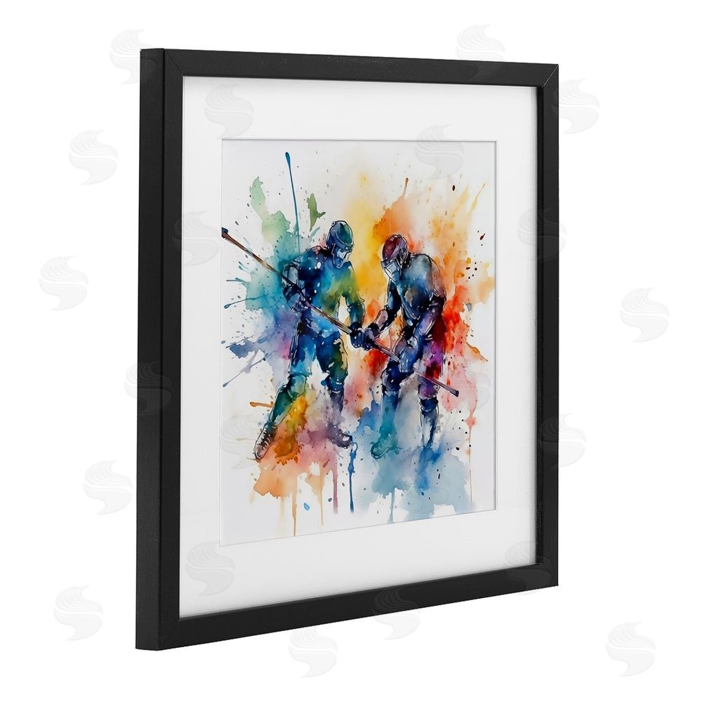Creative Studio Watercolor Hockey Faceoff Black Framed Print Under Glass with White Mat Wall Art