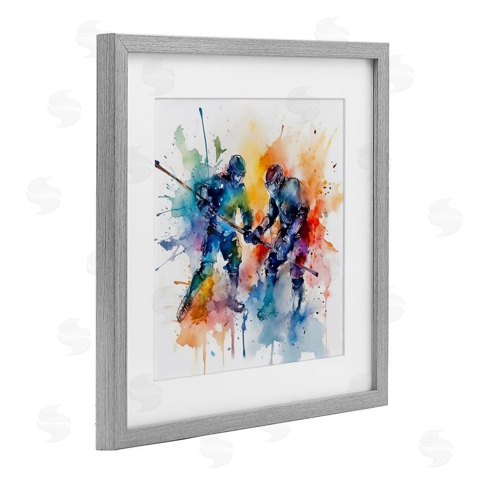Creative Studio Watercolor Hockey Faceoff Gray Framed Print Under Glass with White Mat Wall Art