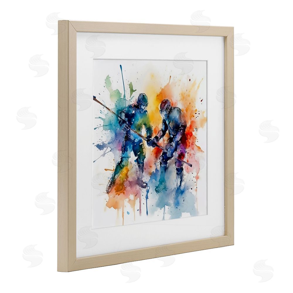Creative Studio Watercolor Hockey Faceoff Brown Framed Print Under Glass with White Mat Wall Art
