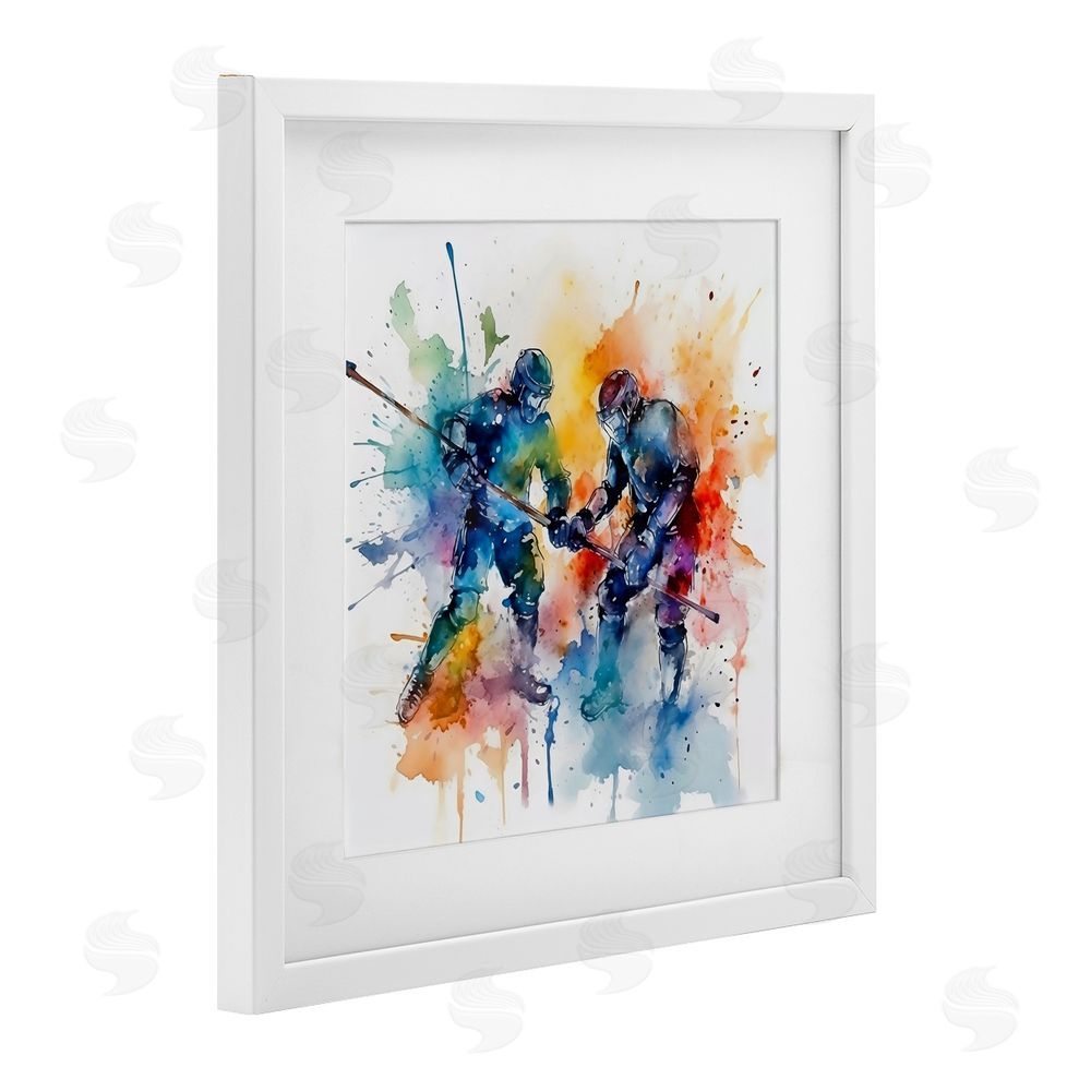 Creative Studio Watercolor Hockey Faceoff White Framed Print Under Glass with White Mat Wall Art