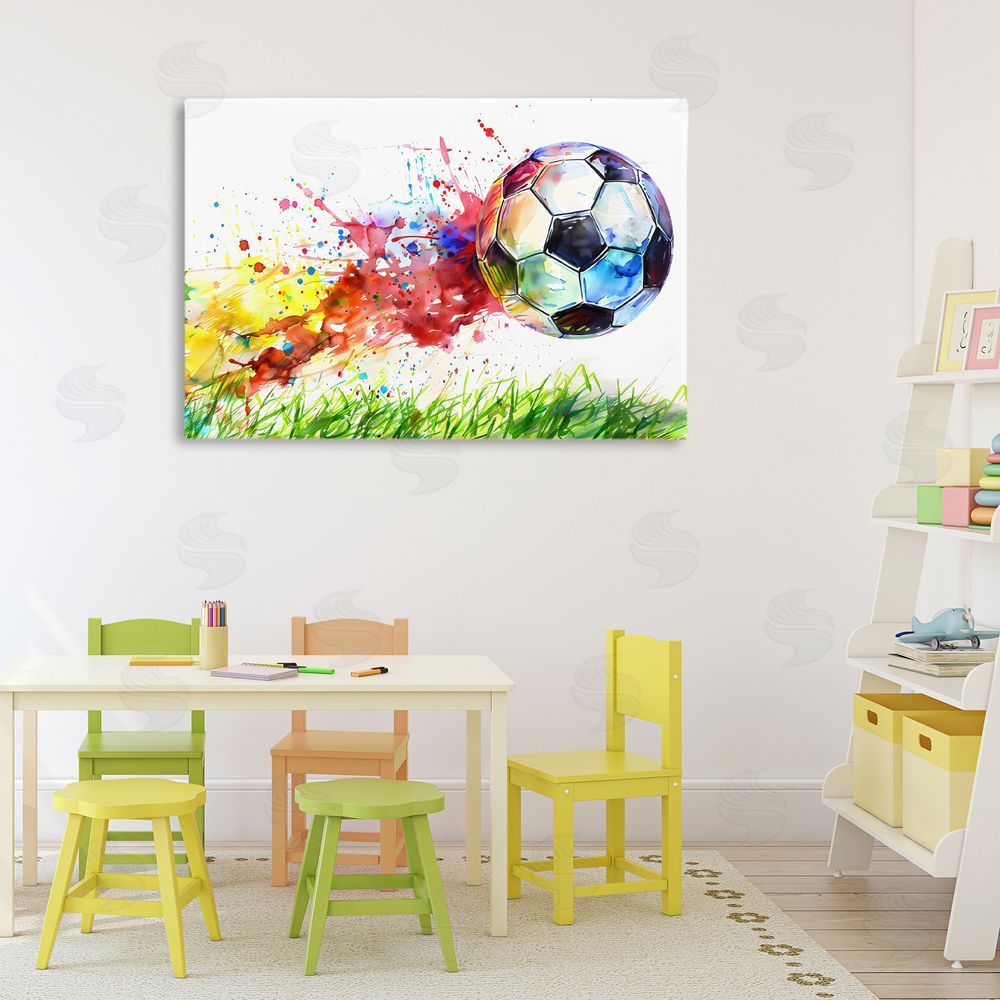 Creative Studio Watercolor Soccer Ball in Motion Stretched Canvas on Wall