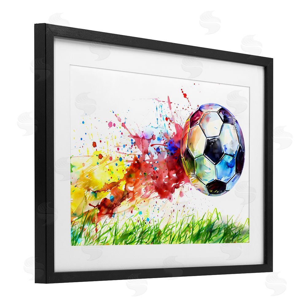 Creative Studio Watercolor Soccer Ball in Motion Black Framed Print Under Glass with White Mat Wall Art