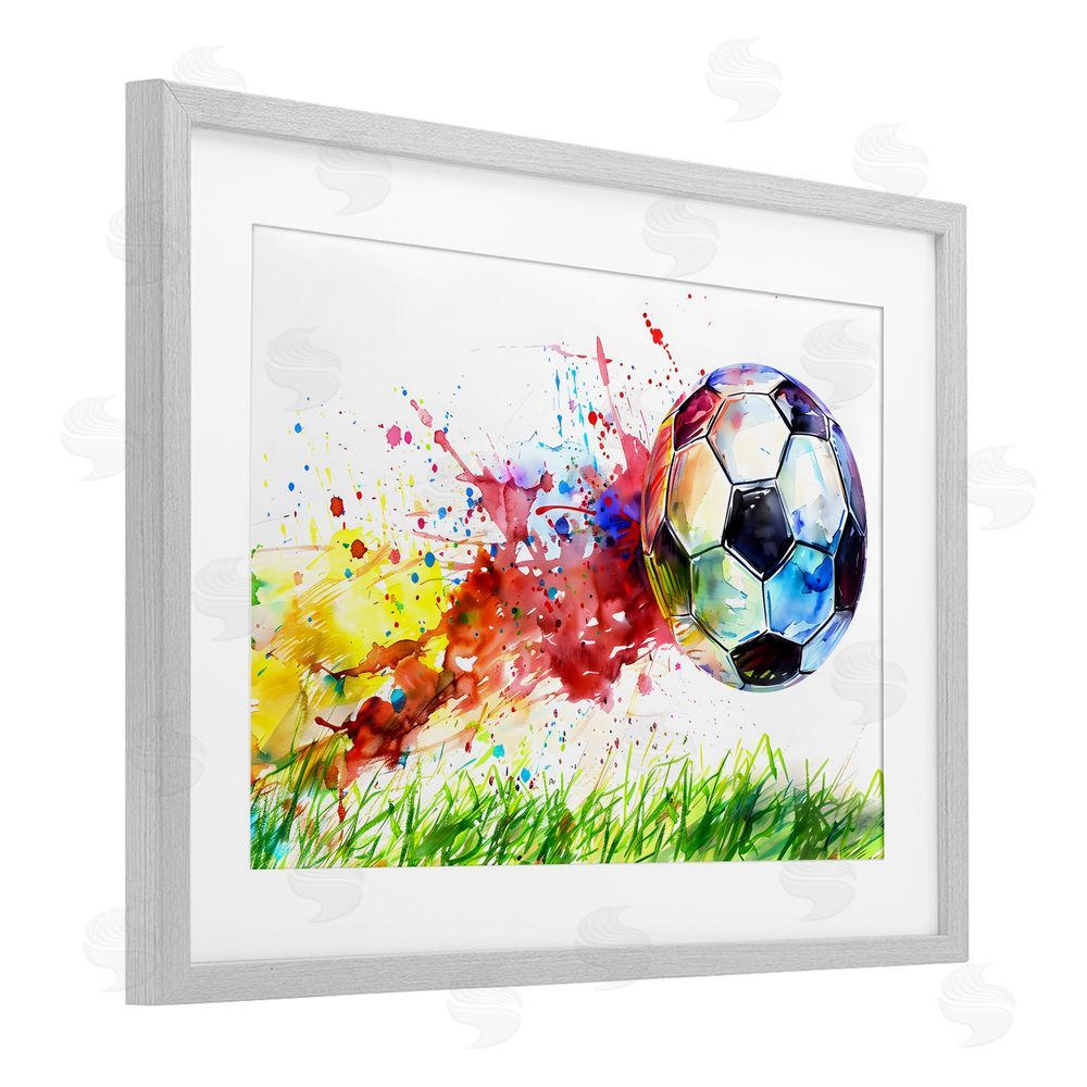Creative Studio Watercolor Soccer Ball in Motion Gray Framed Print Under Glass with White Mat Wall Art
