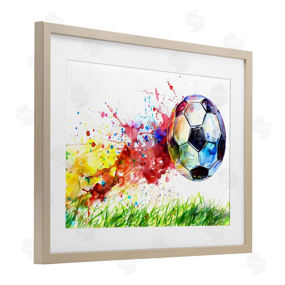 Creative Studio Watercolor Soccer Ball in Motion Brown Framed Print Under Glass with White Mat Wall Art
