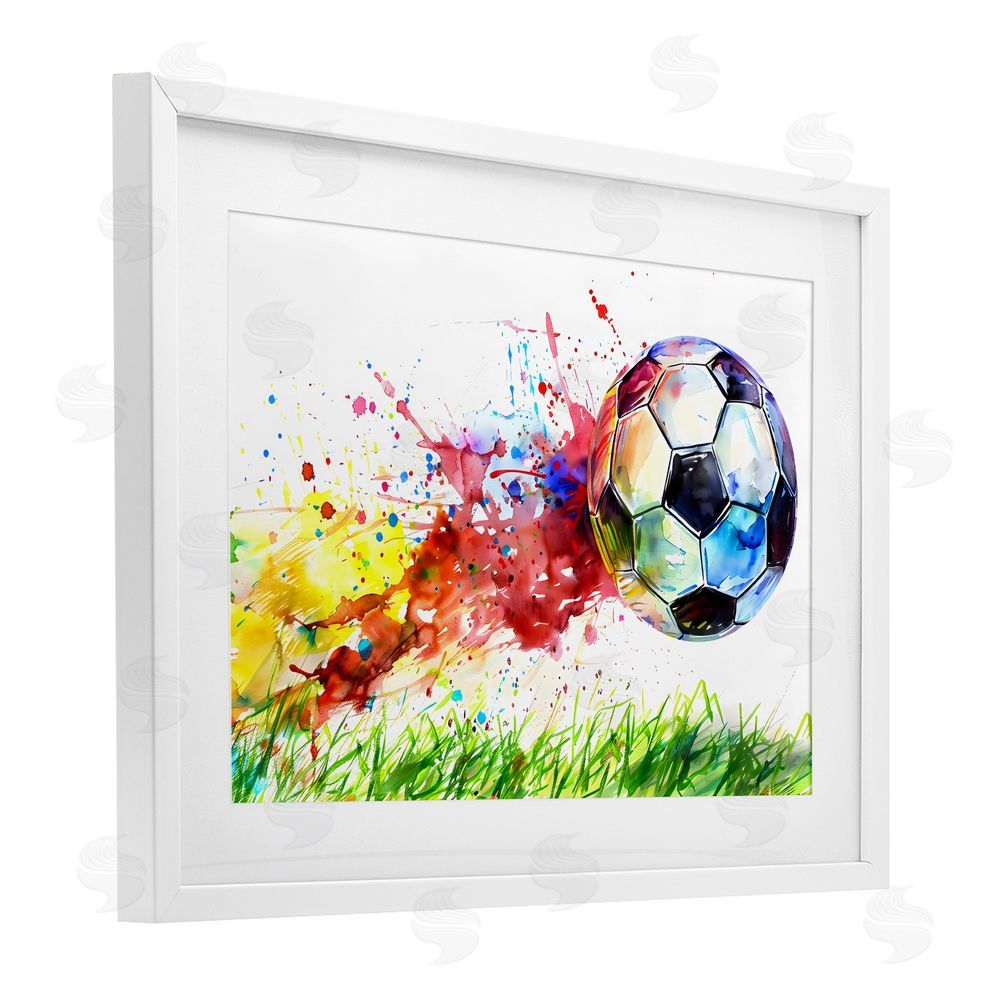 Creative Studio Watercolor Soccer Ball in Motion White Framed Print Under Glass with White Mat Wall Art