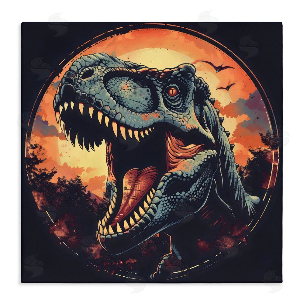 Creative Studio Ancient Dino Roaring at Sunset Stretched Canvas Wall Art Print