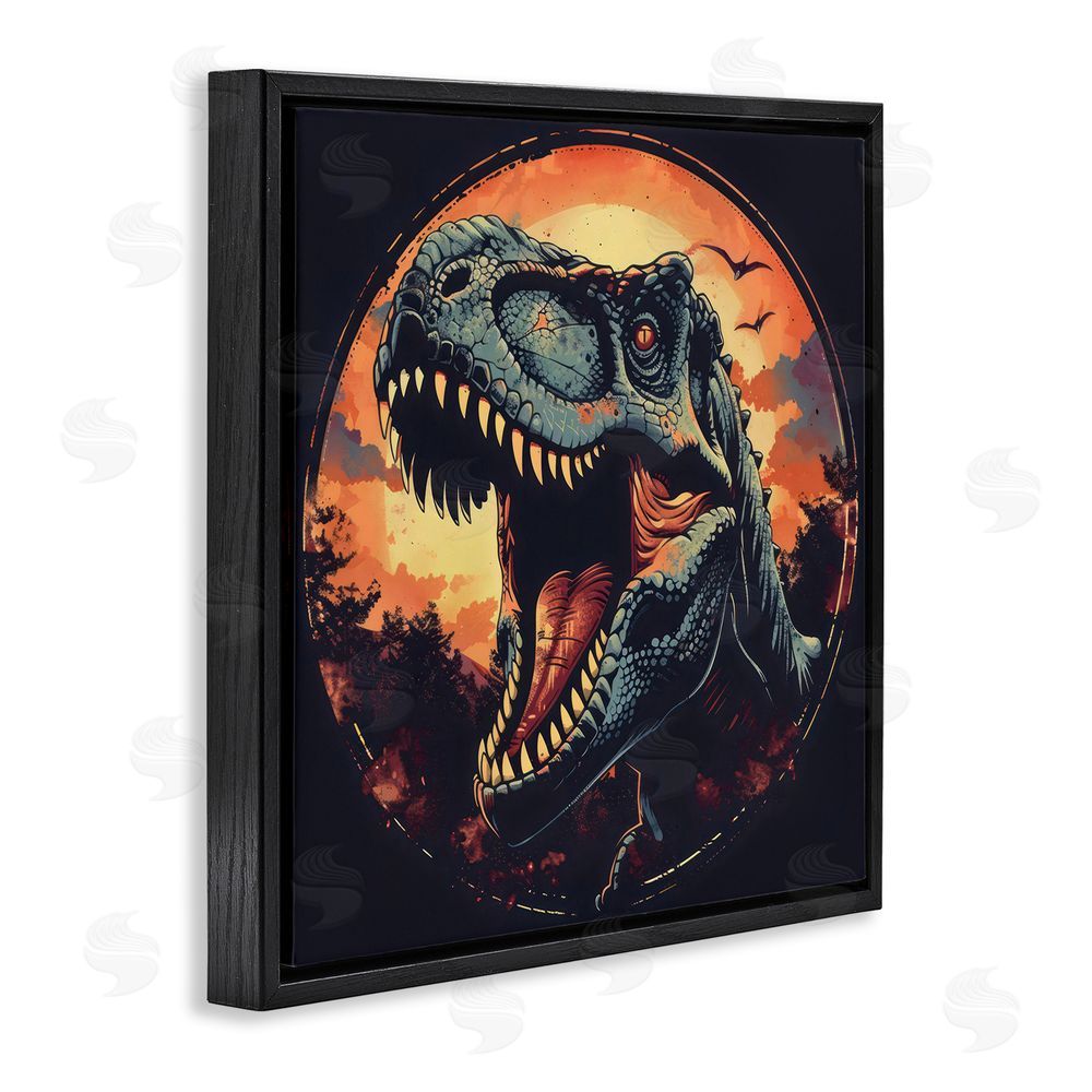 Creative Studio Ancient Dino Roaring at Sunset Black Floating Frame Stretched Canvas Wall Art Print