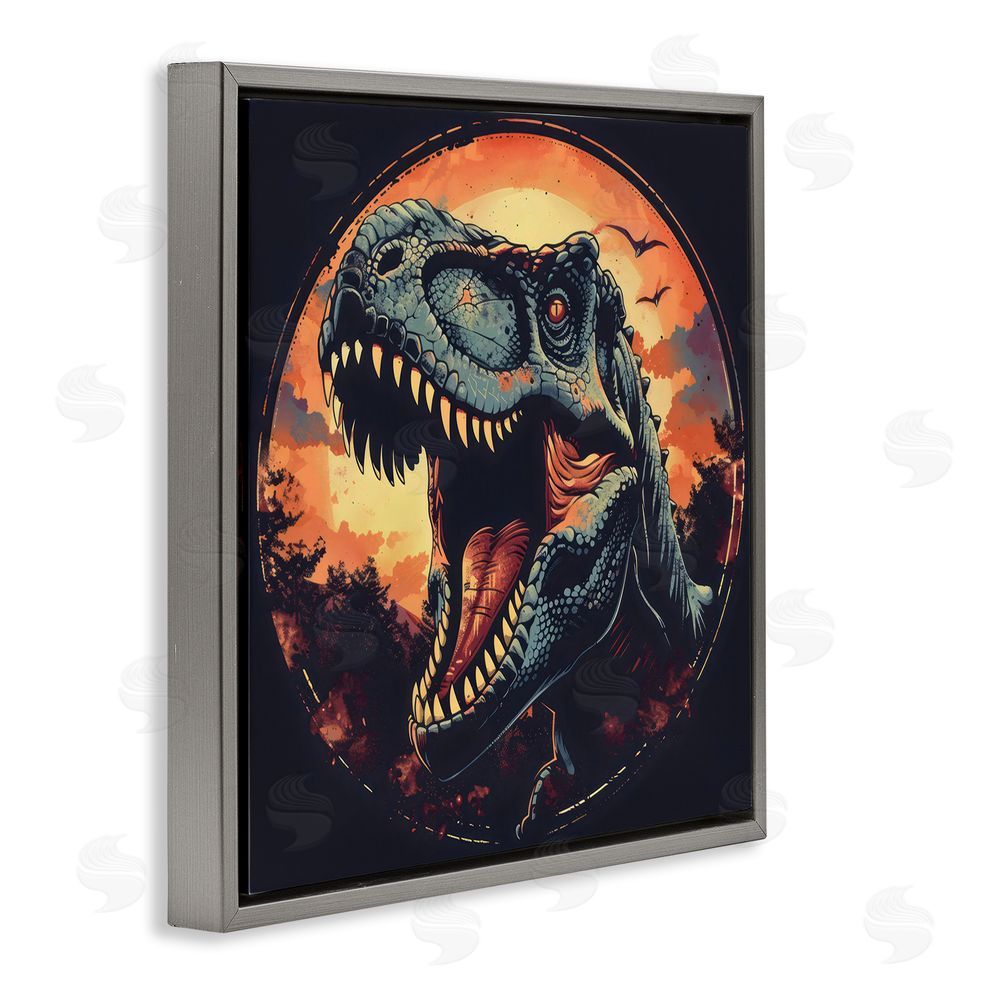 Creative Studio Ancient Dino Roaring at Sunset Gray Floating Frame Stretched Canvas Wall Art Print