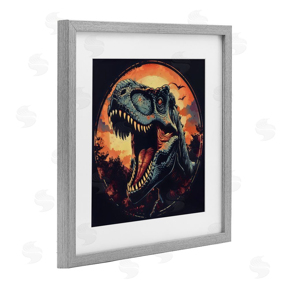 Creative Studio Ancient Dino Roaring at Sunset Gray Framed Print Under Glass with Matting Wall Art