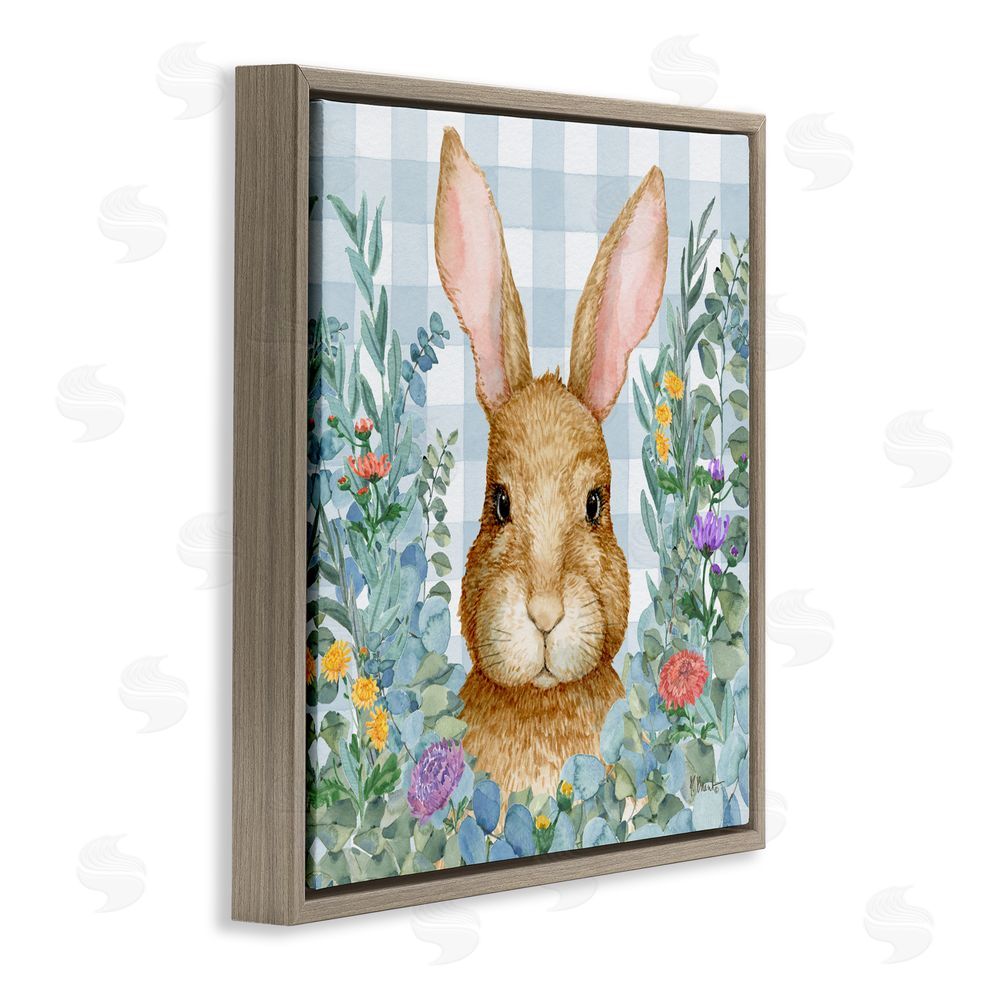 Paul Brent Rabbit Laurel on Gingham Brown Floating Frame Canvas Wall Art Print