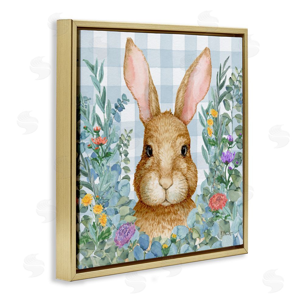 Paul Brent Rabbit Laurel on Gingham Gold Floating Frame Canvas Wall Art Print