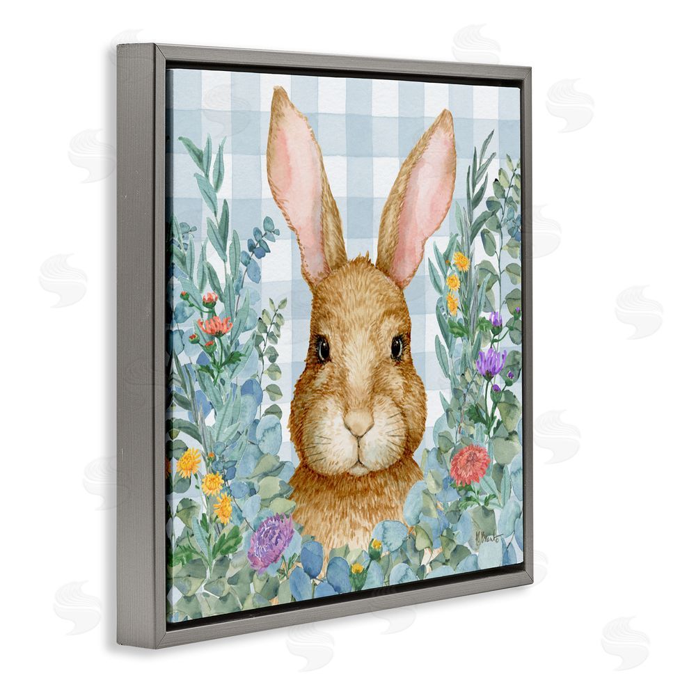 Paul Brent Rabbit Laurel on Gingham Gray Floating Frame Canvas Wall Art Print