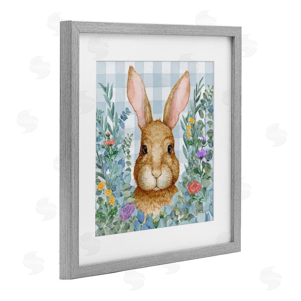 Paul Brent Rabbit Laurel on Gingham Gray Framed Print Under Glass Wall Art