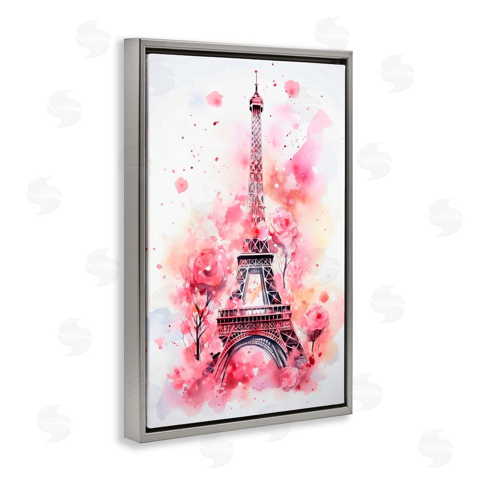 Creative Studio Eiffel Tower In Roses Gray Floating Frame Canvas Wall Art Print