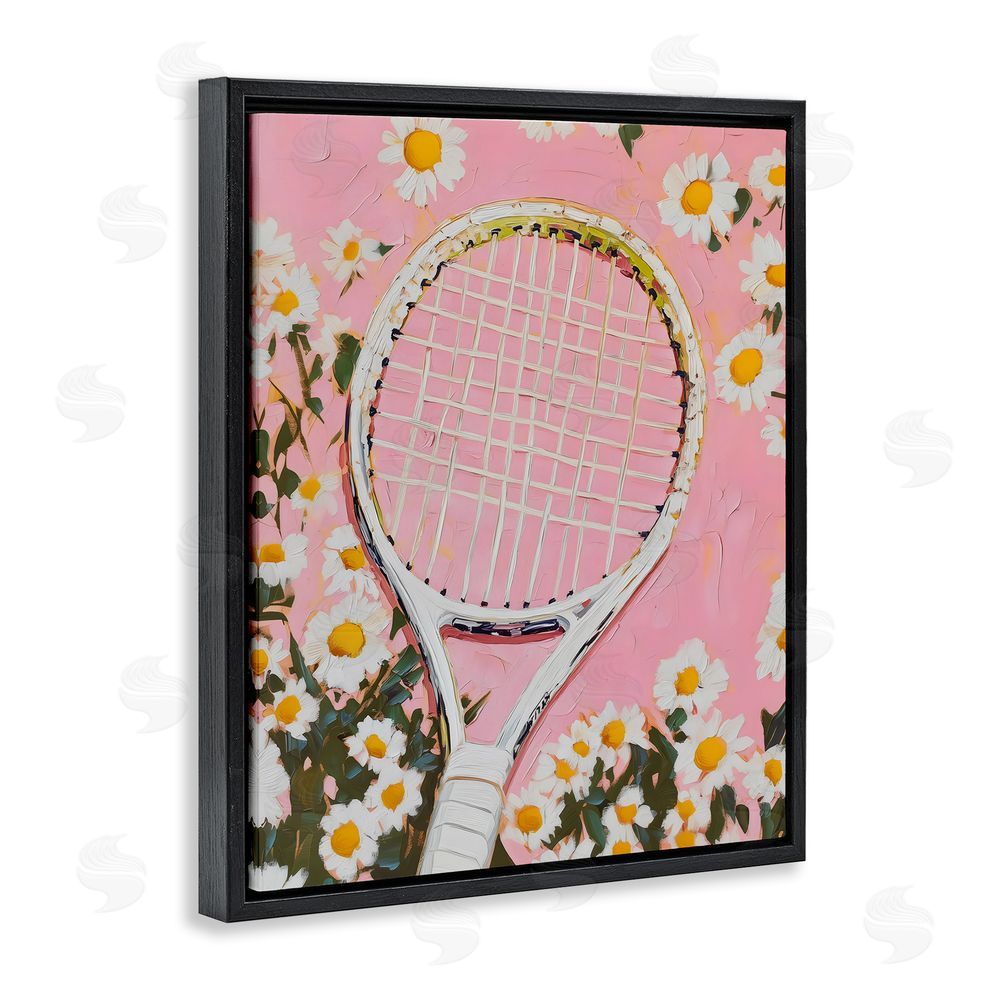LSR Design Studio Pink Tennis Racket & Daisies Black Floating Frame Canvas Wall Art Print