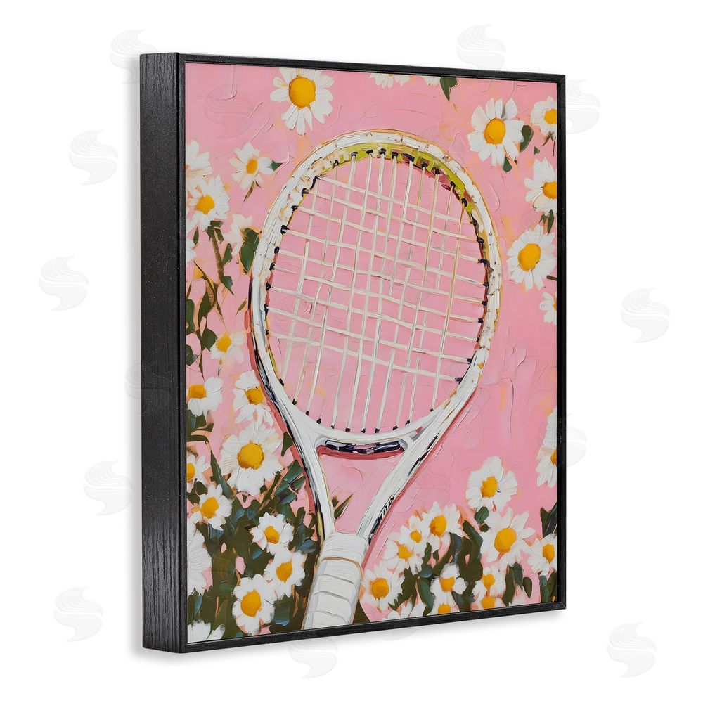 LSR Design Studio Pink Tennis Racket & Daisies Black Framed Giclee Wall Art Print