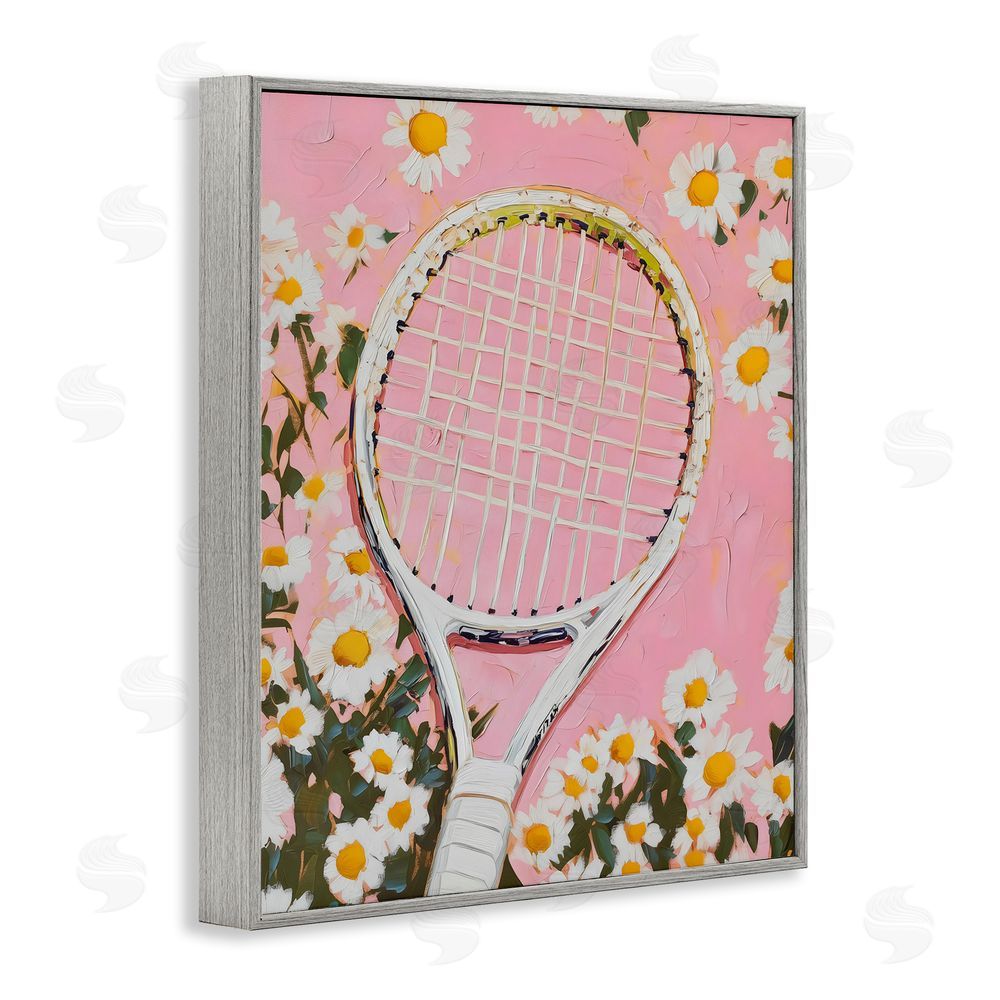 LSR Design Studio Pink Tennis Racket & Daisies Gray Framed Giclee Wall Art Print