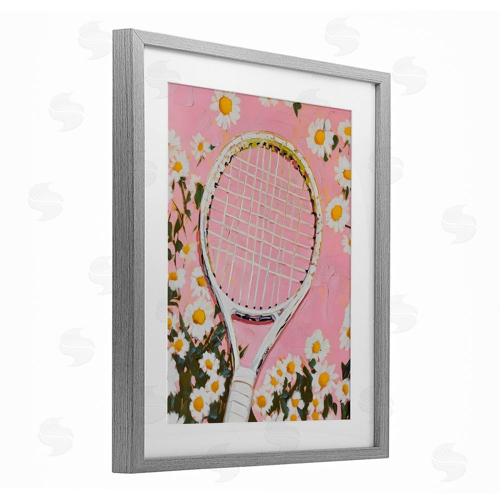 LSR Design Studio Pink Tennis Racket & Daisies Gray Framed Print Under Glass Wall Art