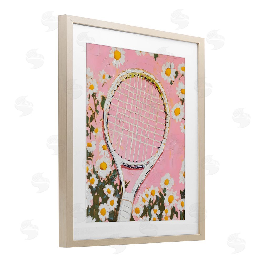 LSR Design Studio Pink Tennis Racket & Daisies Brown Framed Print Under Glass Wall Art