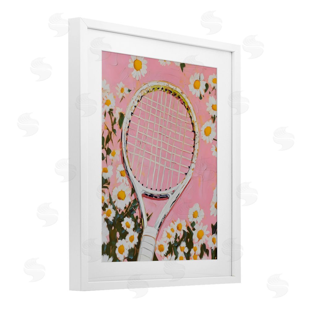 LSR Design Studio Pink Tennis Racket & Daisies White Framed Print Under Glass Wall Art