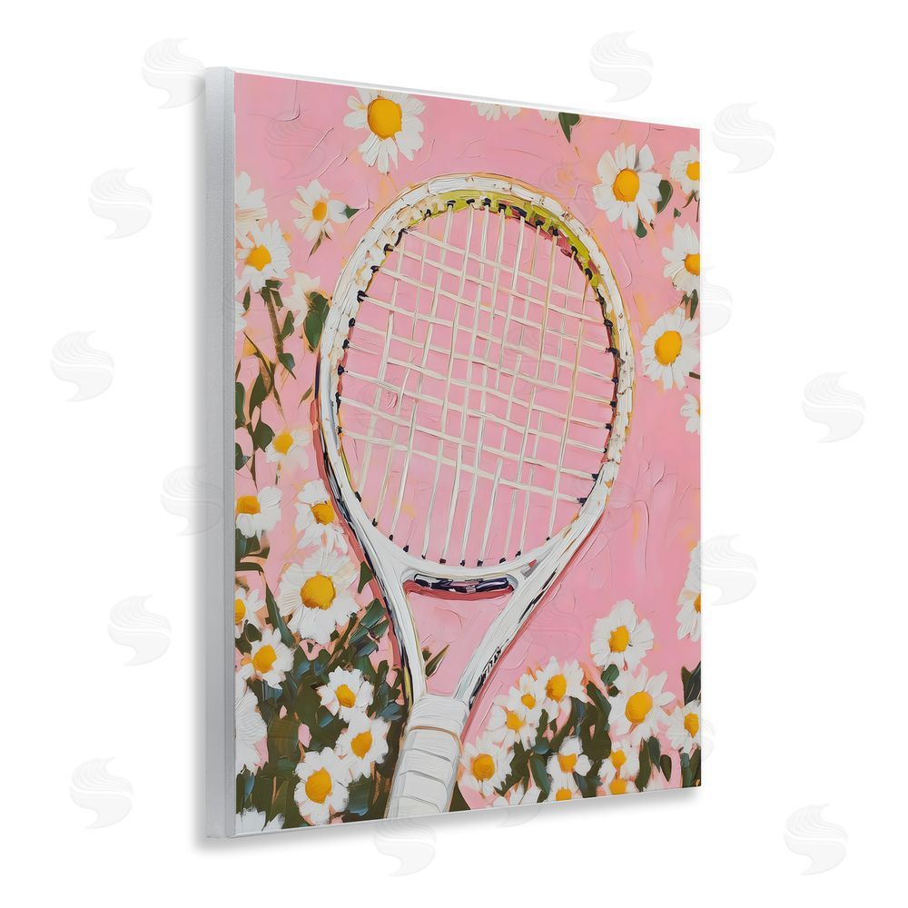 LSR Design Studio Pink Tennis Racket & Daisies Wooden Wall Plaque Art Print