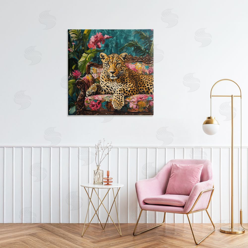 Petal Prints Design Fashionable Leopard on Floral Sofa Stretched Canvas Wall Art in Room