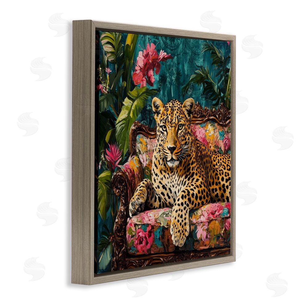 Petal Prints Design Fashionable Leopard on Floral Sofa Brown Floating Framed Canvas Wall Art