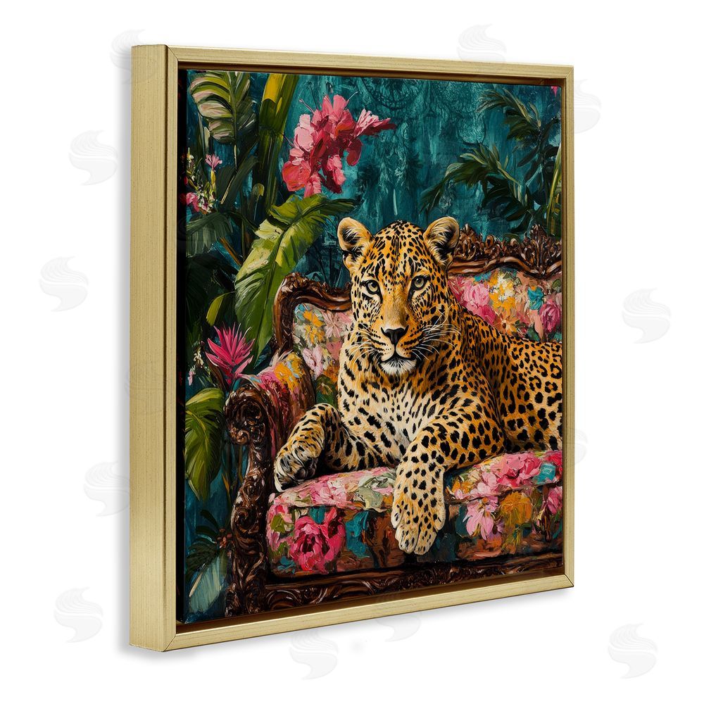Petal Prints Design Fashionable Leopard on Floral Sofa Gold Floating Framed Canvas Wall Art