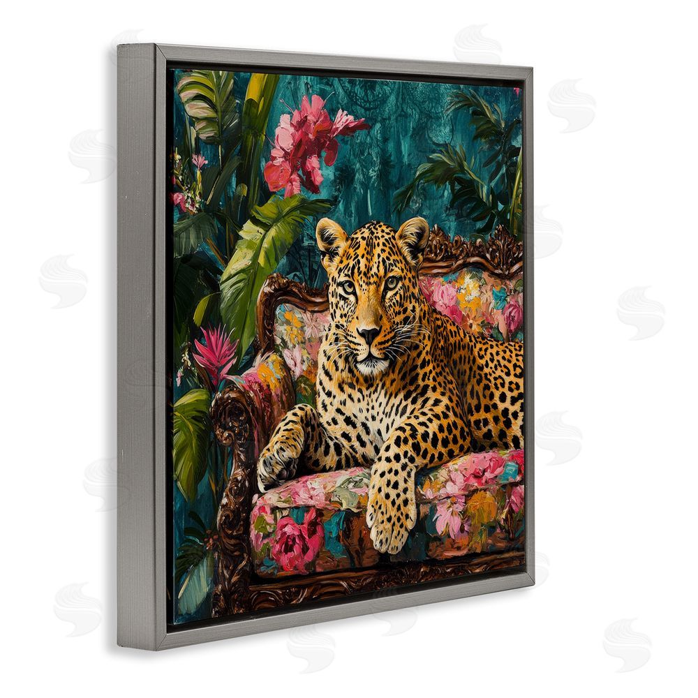 Petal Prints Design Fashionable Leopard on Floral Sofa Gray Floating Framed Canvas Wall Art