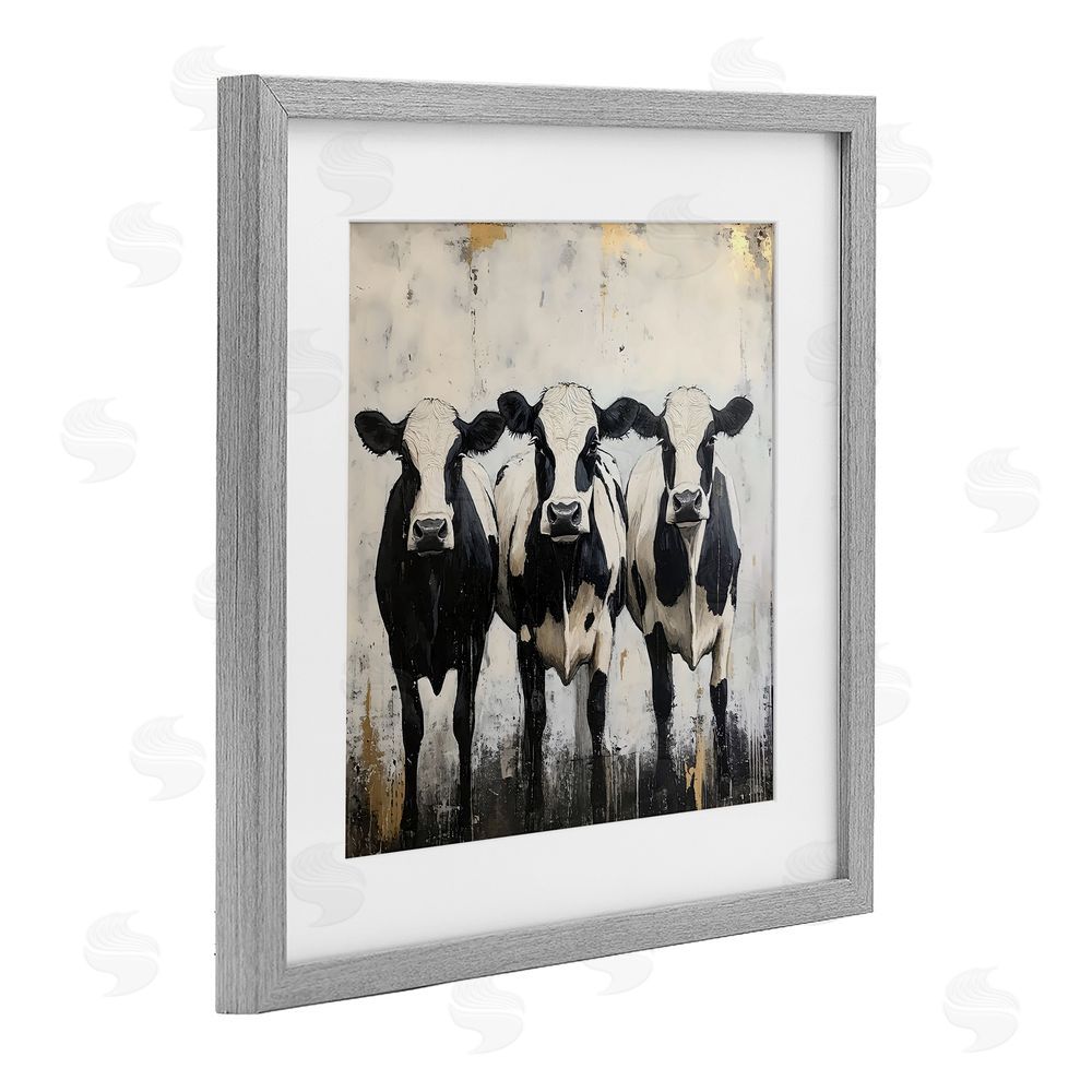 Creative Studio Three Spotted Cows Gray Framed Print Under Glass with White Mat Wall Art