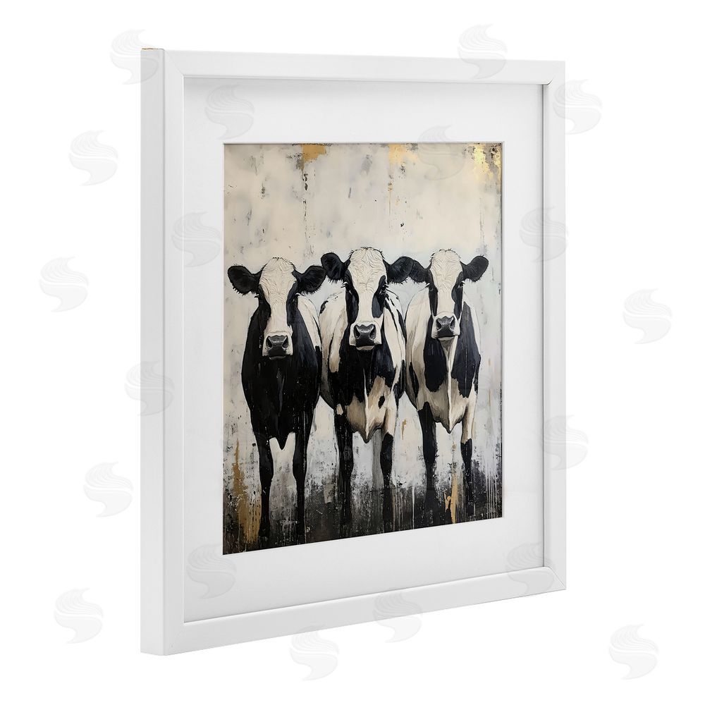 Creative Studio Three Spotted Cows White Framed Print Under Glass with White Mat Wall Art