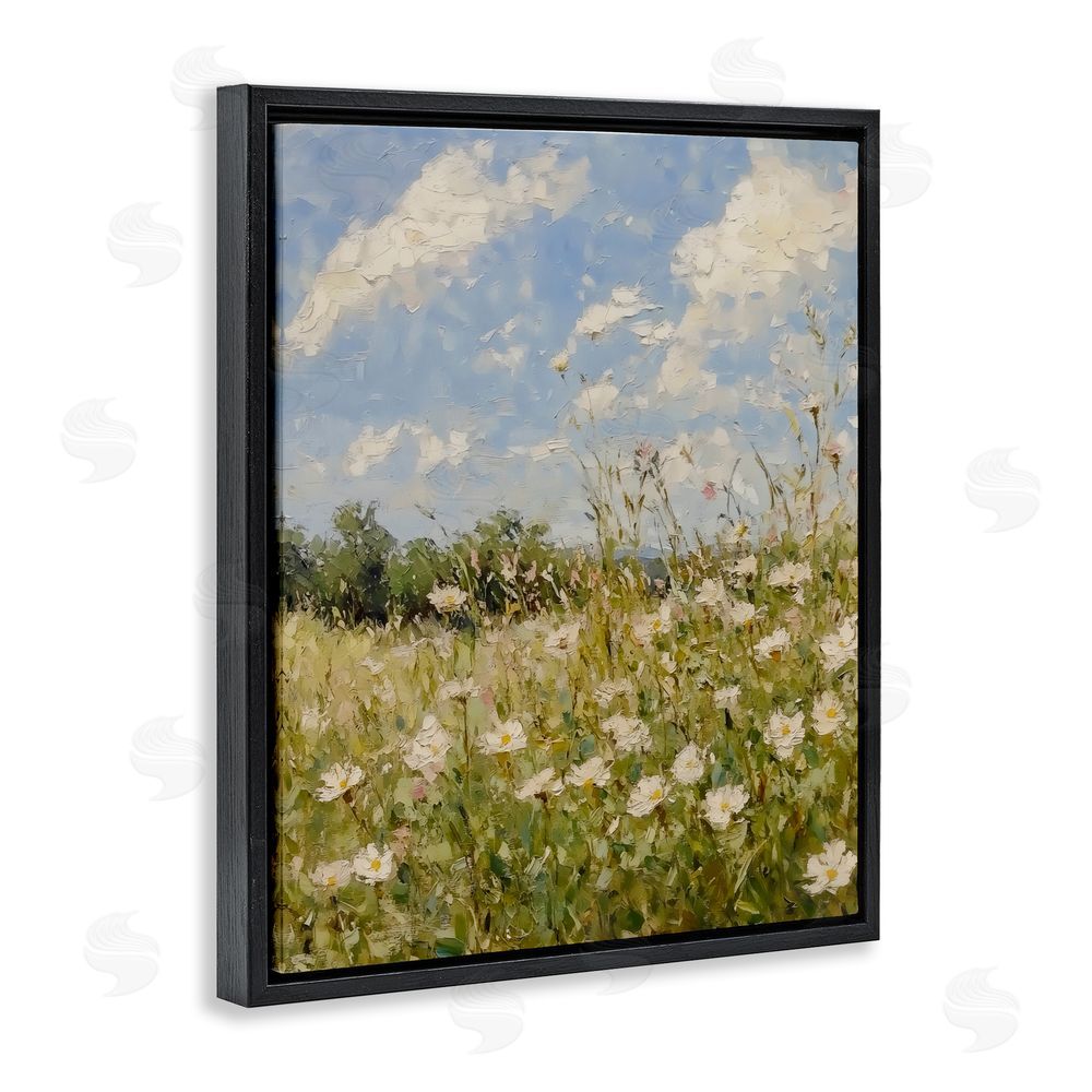 LSR Design Studio Wildflower Field Beneath Blue Sky Black Floating Framed Canvas Wall Art Print