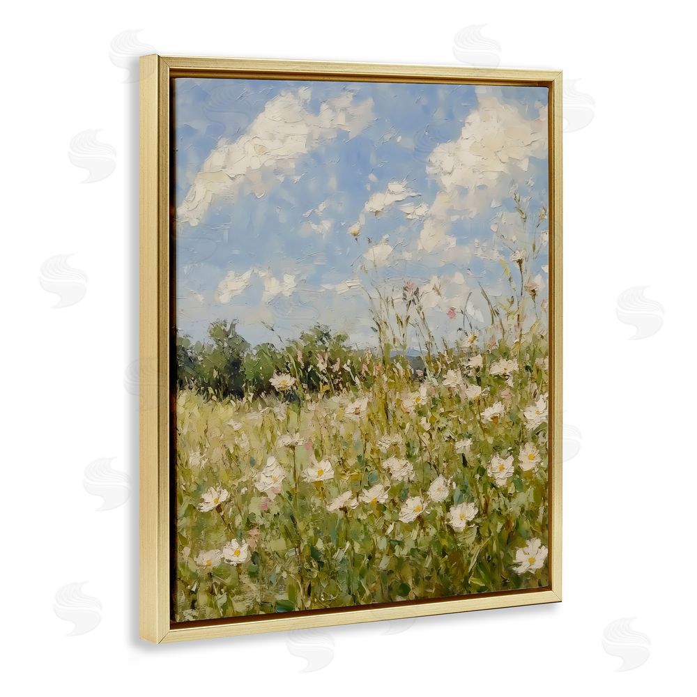 LSR Design Studio Wildflower Field Beneath Blue Sky Gold Floating Framed Canvas Wall Art Print