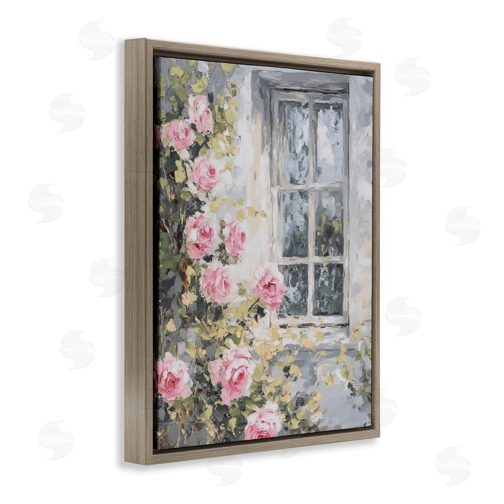 LSR Design Studio View Of Roses Cottage Window Brown Floating Framed Canvas Wall Art Print