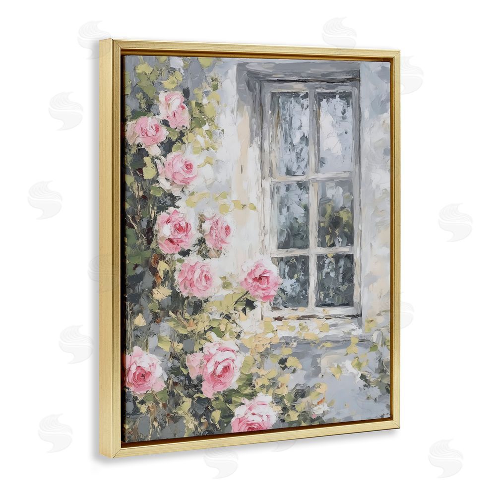 LSR Design Studio View Of Roses Cottage Window Gold Floating Framed Canvas Wall Art Print