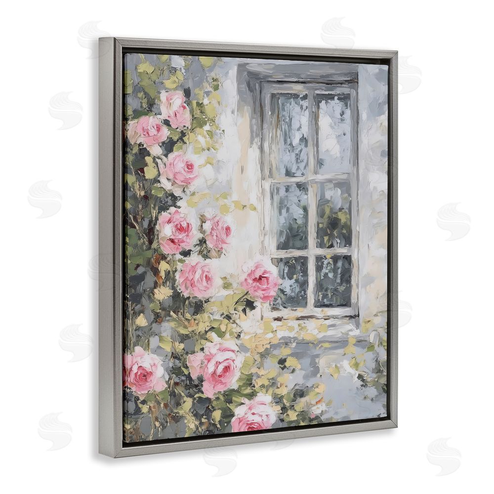 LSR Design Studio View Of Roses Cottage Window Gray Floating Framed Canvas Wall Art Print