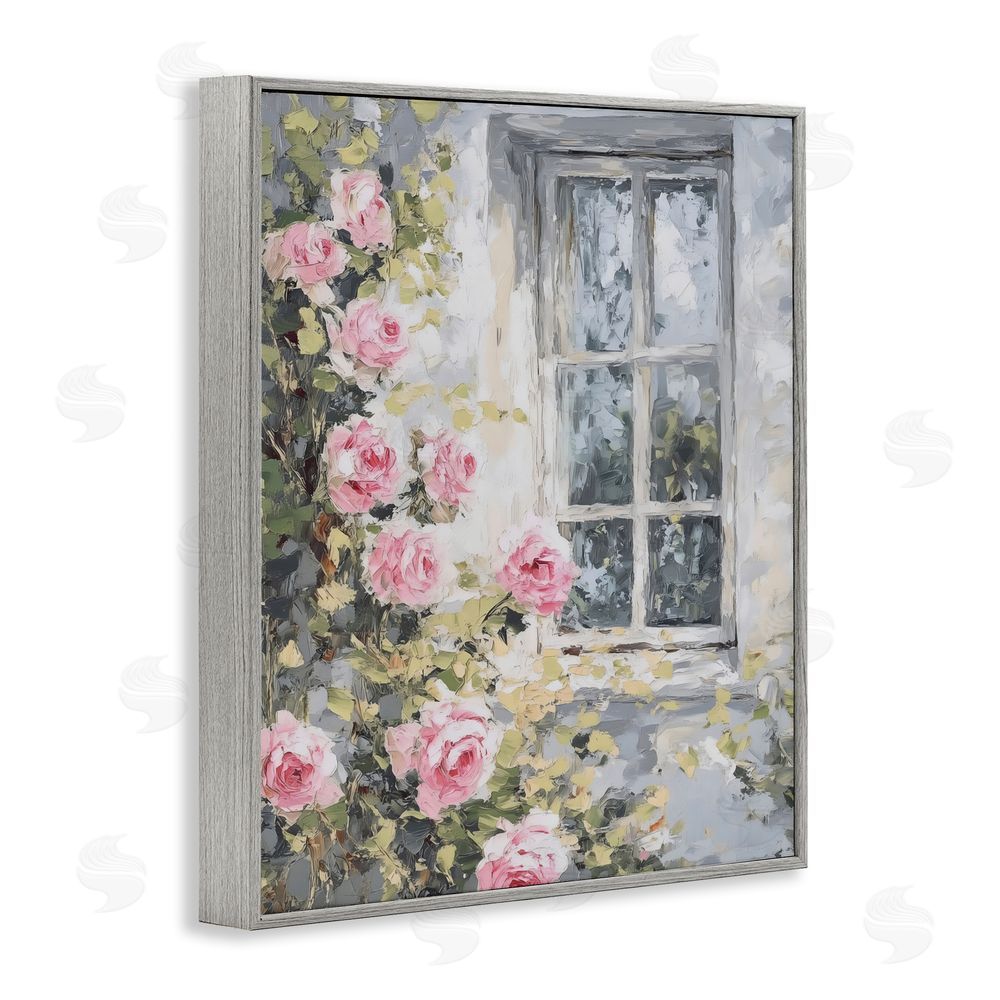 LSR Design Studio View Of Roses Cottage Window Gray Framed Giclee Wall Art Print