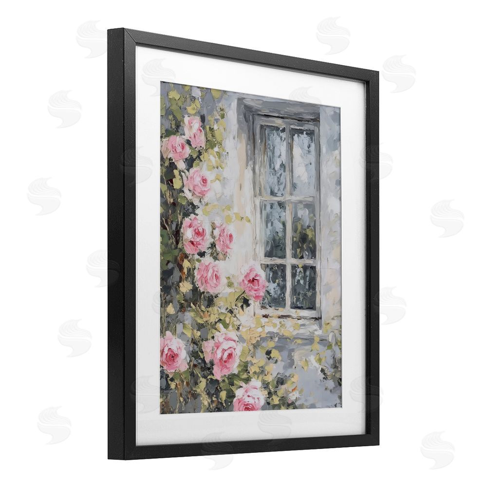 LSR Design Studio View Of Roses Cottage Window Black Framed Print Under Glass with White Mat Wall Art