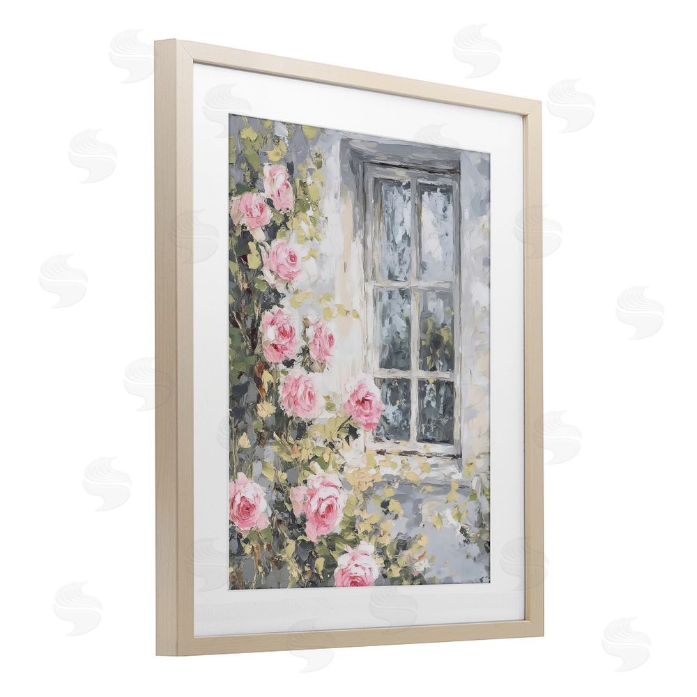 LSR Design Studio View Of Roses Cottage Window Brown Framed Print Under Glass with White Mat Wall Art