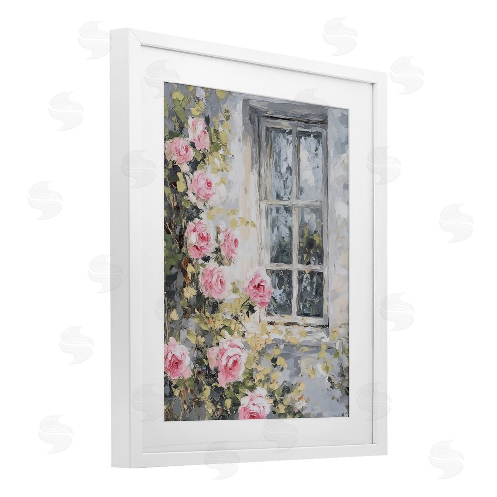 LSR Design Studio View Of Roses Cottage Window White Framed Print Under Glass with White Mat Wall Art