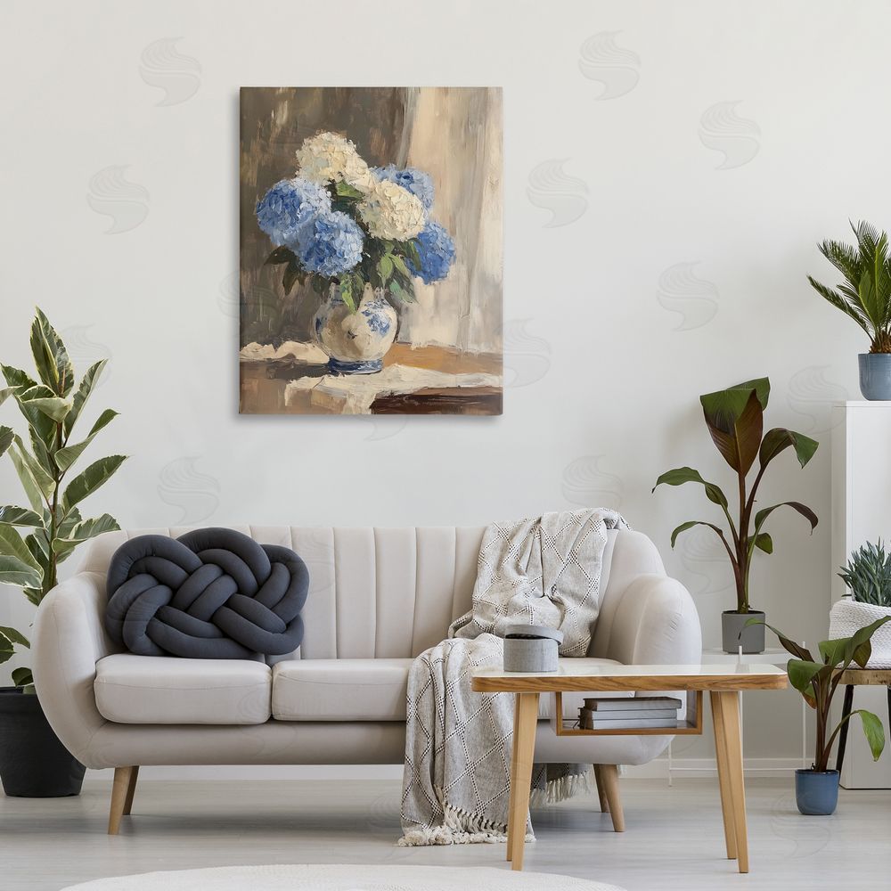 LSR Design Studio Vintage Hydrangea in Ceramic Vase Stretched Canvas on Wall