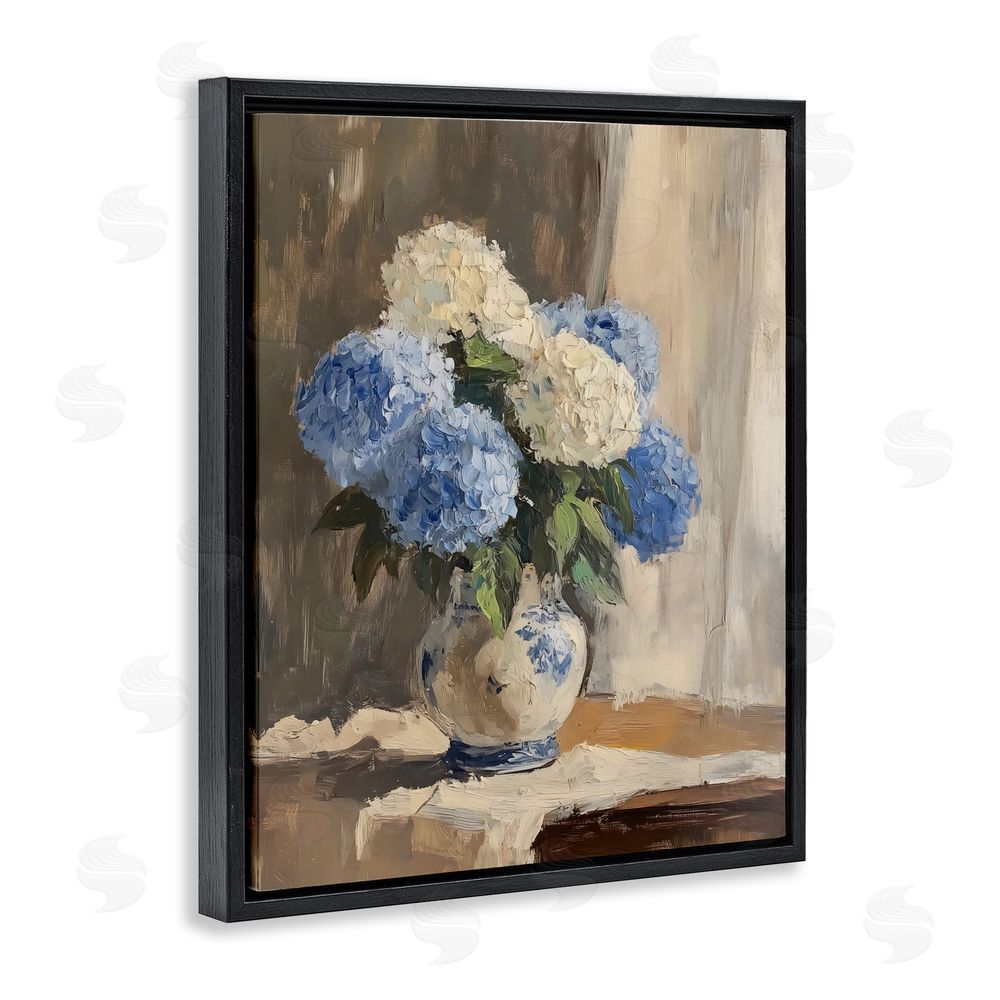 LSR Design Studio Vintage Hydrangea in Ceramic Vase Black Floating Framed Canvas Wall Art Print