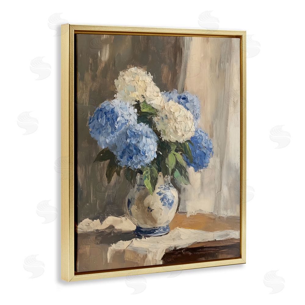 LSR Design Studio Vintage Hydrangea in Ceramic Vase Gold Floating Framed Canvas Wall Art Print