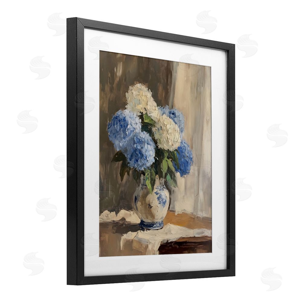 LSR Design Studio Vintage Hydrangea in Ceramic Vase Black Framed Print Under Glass with White Mat Wall Art