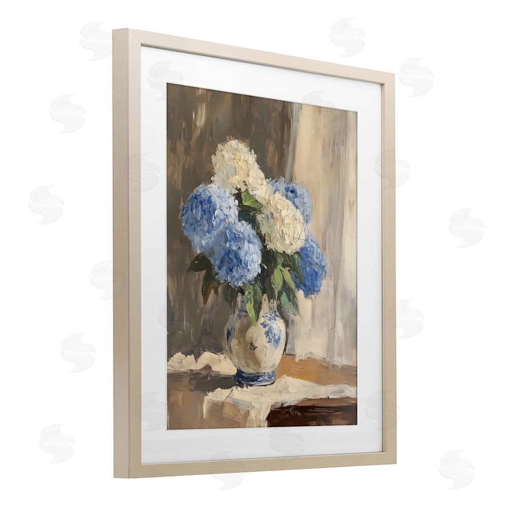 LSR Design Studio Vintage Hydrangea in Ceramic Vase Brown Framed Print Under Glass with White Mat Wall Art