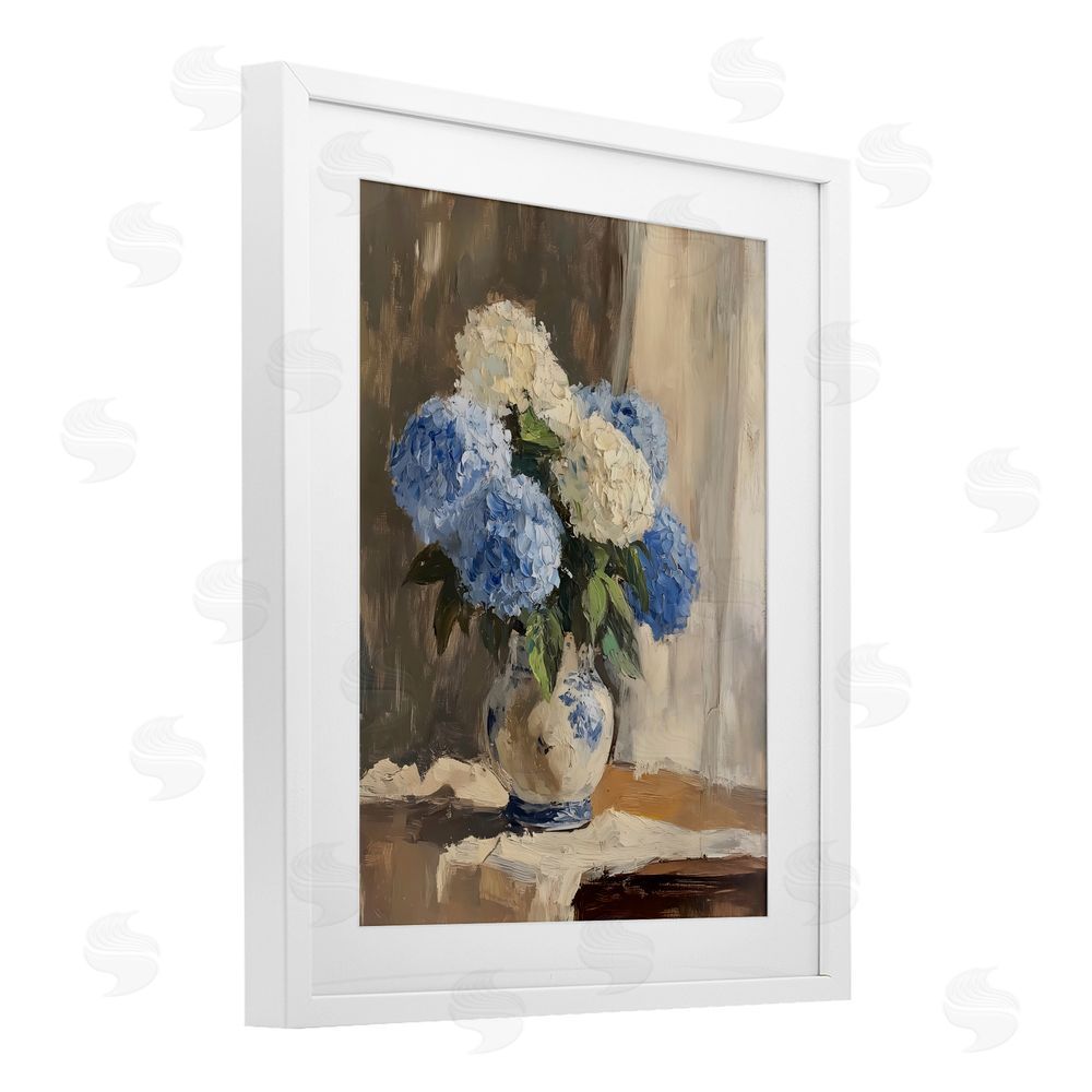 LSR Design Studio Vintage Hydrangea in Ceramic Vase White Framed Print Under Glass with White Mat Wall Art