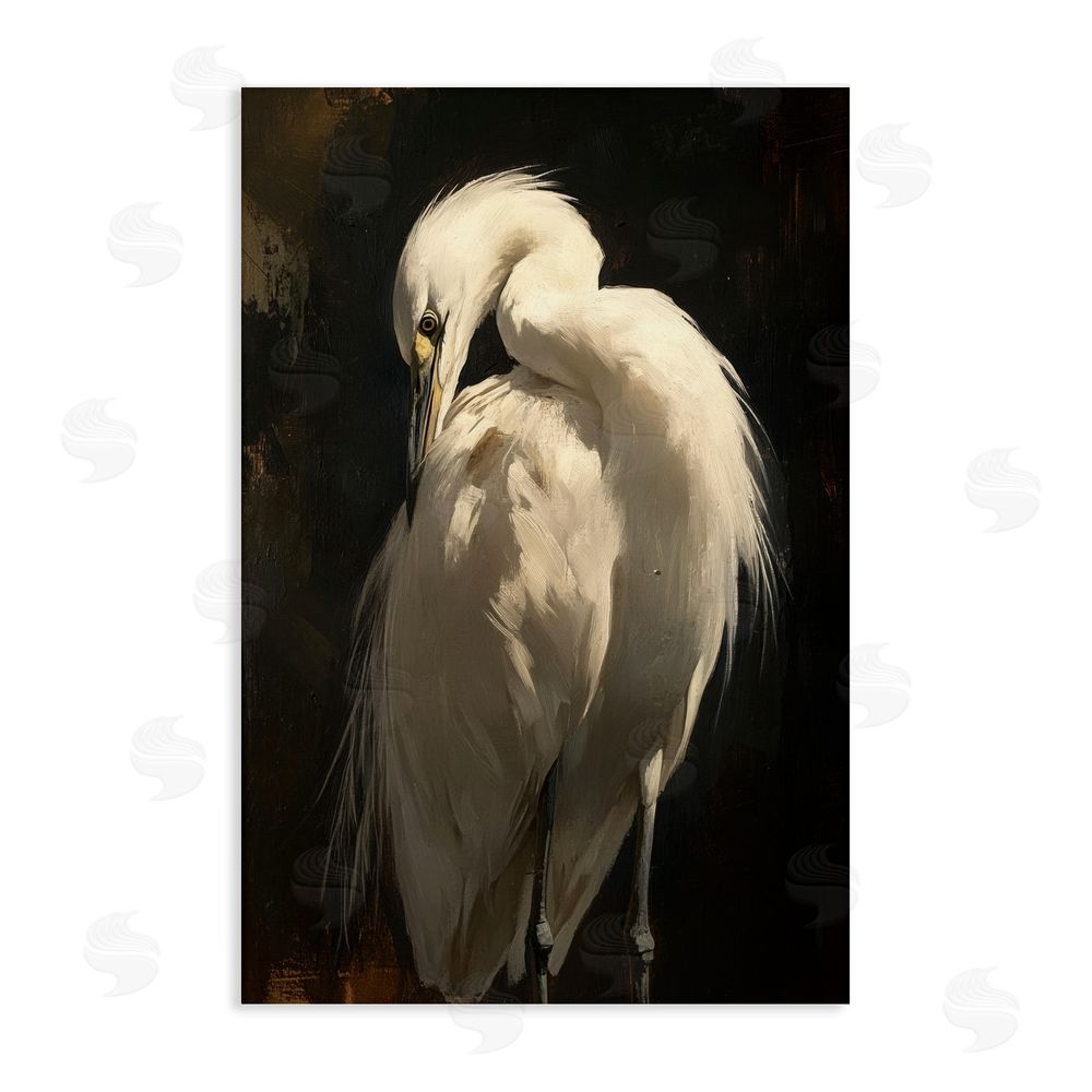Petal Prints Design Feathered Egret in Soft Light Stretched Canvas Wall Art