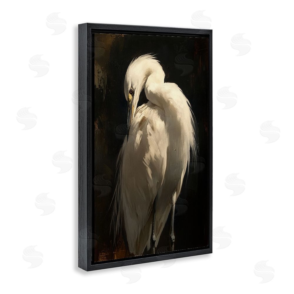 Petal Prints Design Feathered Egret in Soft Light Black Floating Framed Canvas Wall Art