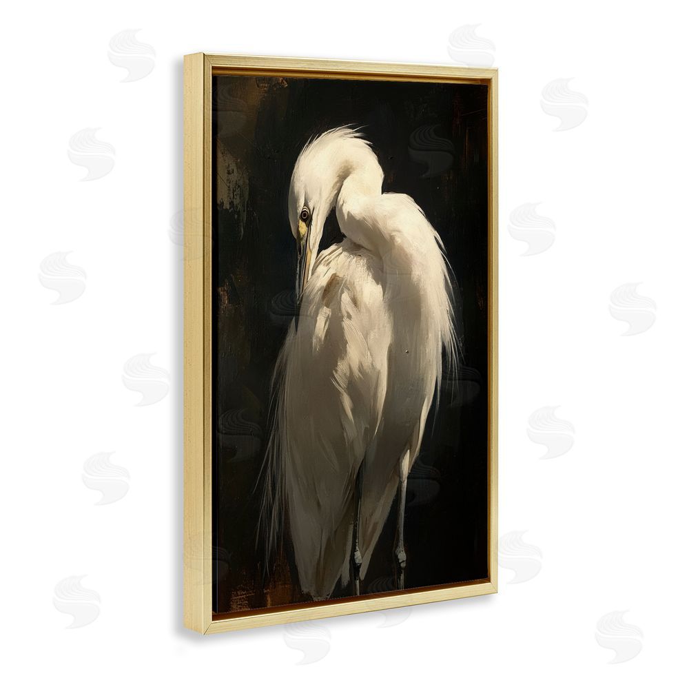 Petal Prints Design Feathered Egret in Soft Light Gold Floating Framed Canvas Wall Art