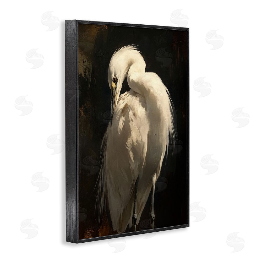 Petal Prints Design Feathered Egret in Soft Light Black Framed Giclee Wall Art